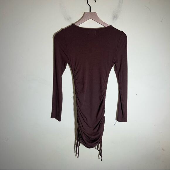 PRINCESS POLLY Neive Ruched Ribbed Knit Short Sleeve Mini Dress in Brown 6 - Picture 5 of 5